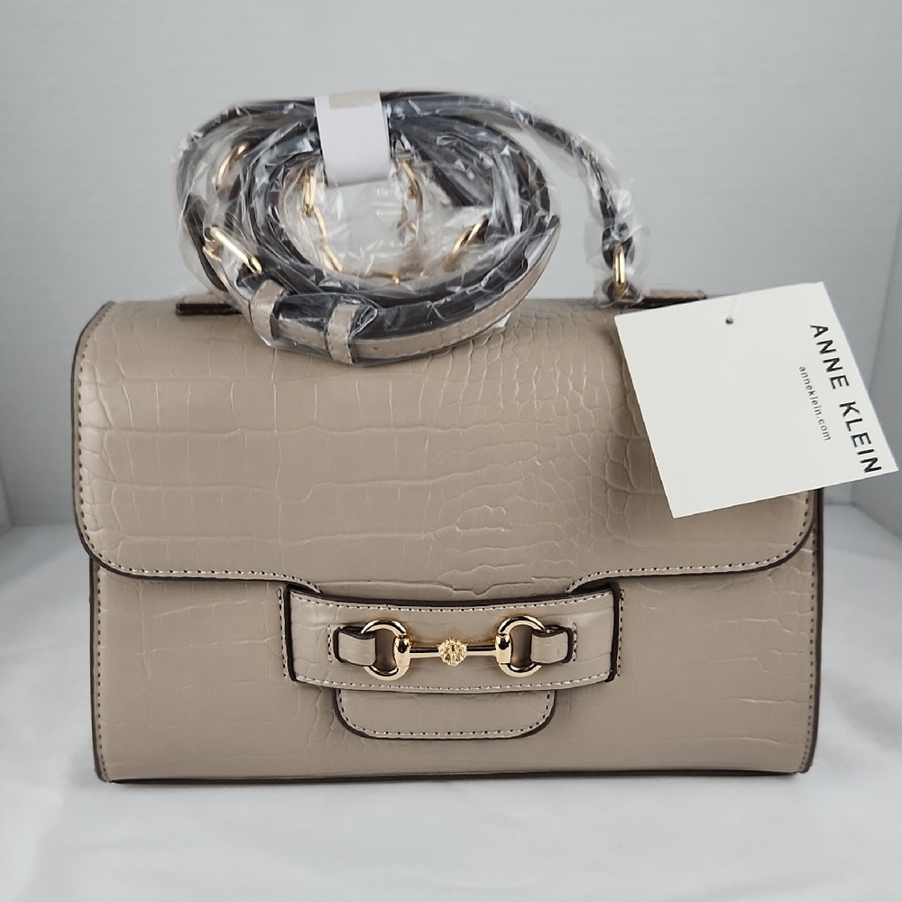 Anne Klein Taupe Croc-Embossed Convertable Top-handle Bag With Horsebit NEW!